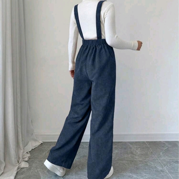 Women's Solid Color Wide Strap Simple Casual Bib Overalls In Corduroy - Picture 2 of 4